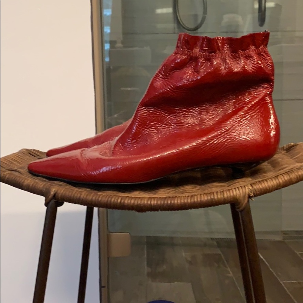 Red patent leather pull on ankle booties